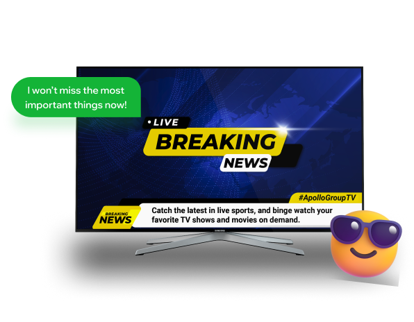 Smart TV showing Apollo Group TV live breaking news with caption about sports, movies, and on-demand streaming.